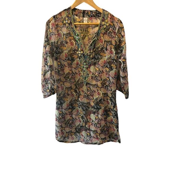 100% Silk Paisley Print Bead Embellished Semi Sheer Tunic Top S - Picture 1 of 7